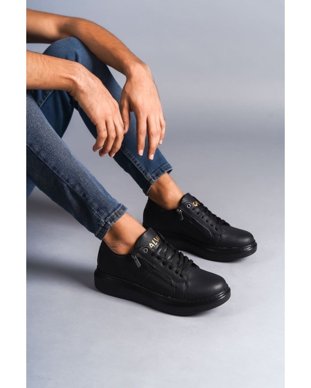 Warrior Bağcıklı Ve Fermuarlı Cilt Erkek Günlük Sneaker Ayakkabı  - Siyah