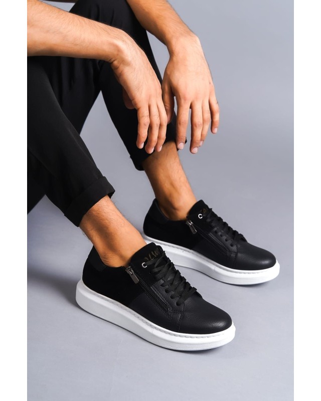 Warrior Bağcıklı Ve Fermuarlı Cilt Süet Erkek Günlük Sneaker Ayakkabı  - Siyah